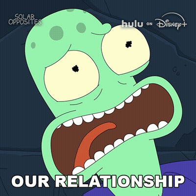 A Cartoon Character From Solar Opposites Says " Our Relationship " In Front Of His Mouth GIF