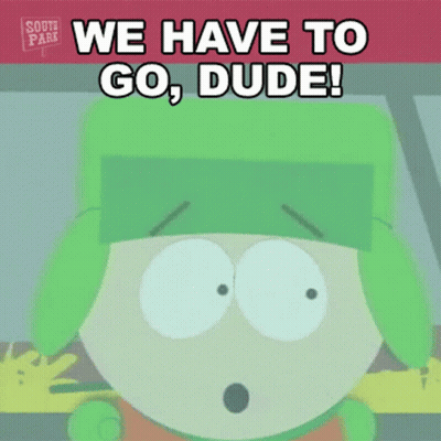 A Cartoon Character From South Park Is Driving A Car And Says We Have To Go , Dude ! GIF
