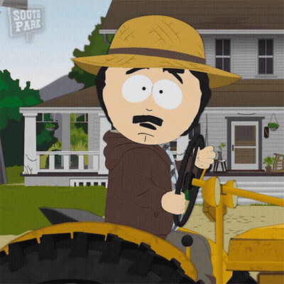 A Cartoon Character From South Park Is Driving A Tractor In Front Of A House GIF