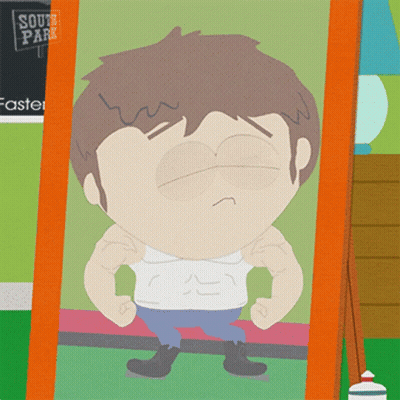 A Cartoon Character From South Park Is Flexing His Muscles In A Picture Frame GIF