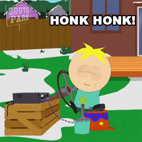 A Cartoon Character From South Park Is Holding A Steering Wheel And Says Honk Honk GIF