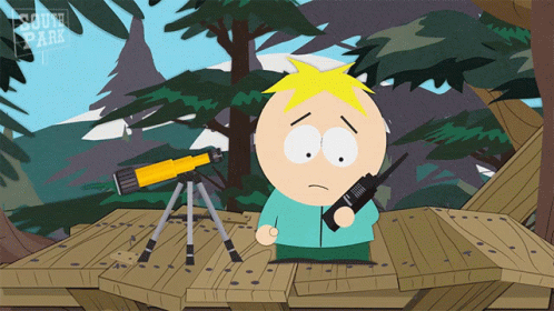 A Cartoon Character From South Park Is Holding A Walkie Talkie And A Telescope GIF
