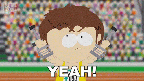 A Cartoon Character From South Park Is Holding Dumbbells In His Hands And Says Yeah GIF