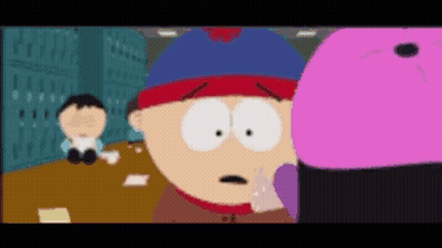 A Cartoon Character From South Park Is Looking At A Pink Object GIF