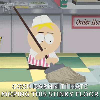 A Cartoon Character From South Park Is Mopping A Stinky Floor GIF