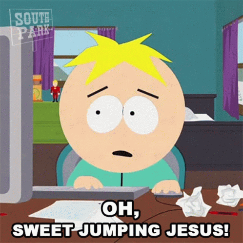 A Cartoon Character From South Park Is Sitting At A Desk With A Computer And Says Oh Sweet Jumping Jesus GIF