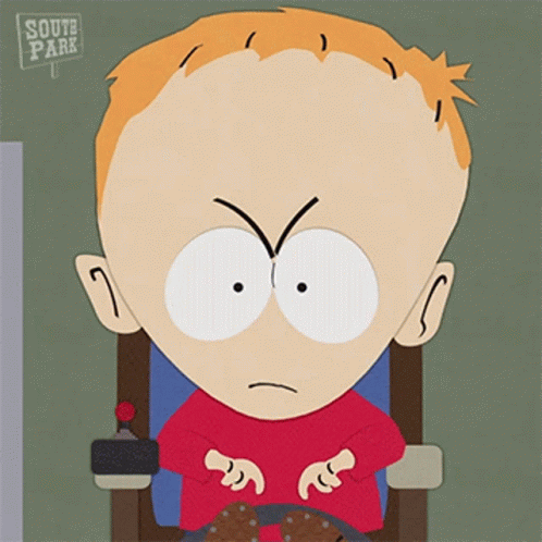 A Cartoon Character From South Park Is Sitting In A Chair With An Angry Look On His Face GIF