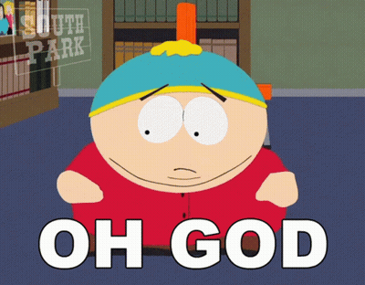 A Cartoon Character From South Park Is Sitting In Front Of A Sign That Says Oh God GIF