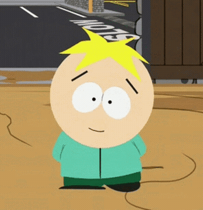 A Cartoon Character From South Park Is Standing In Front Of A Street With A No Parking Sign . GIF