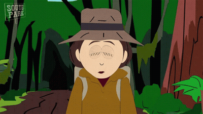 A Cartoon Character From South Park Is Walking Through The Jungle GIF