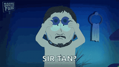 A Cartoon Character From South Park Is Wearing Binoculars And Asking " Sir Tan " GIF