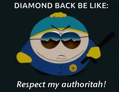 A Cartoon Character From South Park Says " Diamond Back Be Like Respect My Authorit Ah " GIF