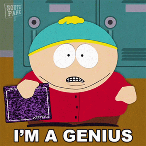A Cartoon Character From South Park Says I 'M A Genius While Holding A Binder GIF