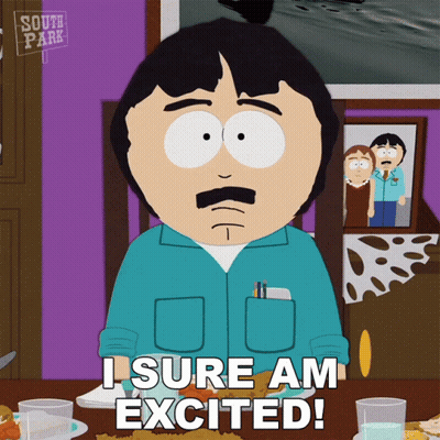 A Cartoon Character From South Park Says " I Sure Am Excited " While Sitting At A Table GIF