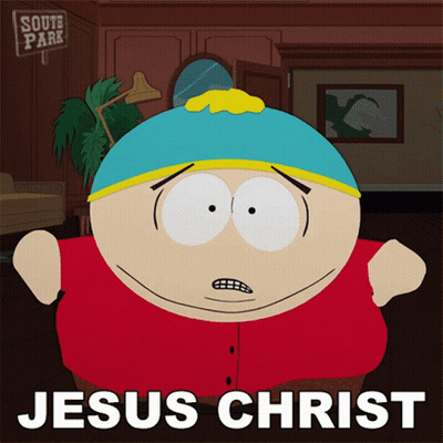 A Cartoon Character From South Park Says Jesus Christ On The Bottom GIF
