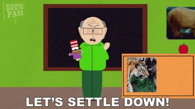 A Cartoon Character From South Park Says Let 'S Settle Down While Holding A Stuffed Animal GIF