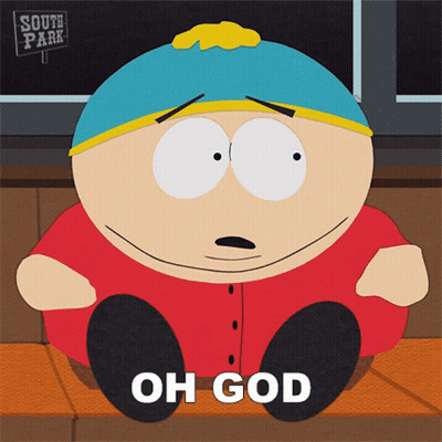A Cartoon Character From South Park Sits On A Wooden Bench And Says Oh God GIF