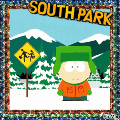 A Cartoon Character From South Park Stands In Front Of A Snowy Mountain GIF