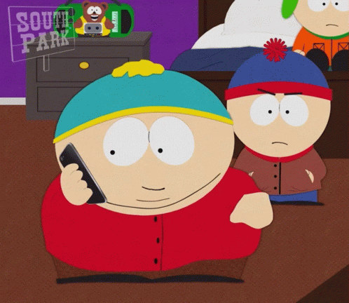 A Cartoon Character From South Park Talking On A Cell Phone GIF