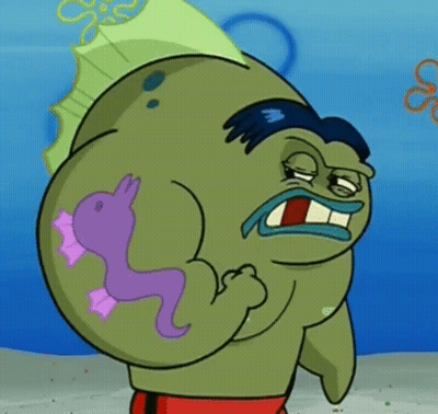 A Cartoon Character From Spongebob Squarepants Has A Purple Seahorse Tattoo On His Back . GIF