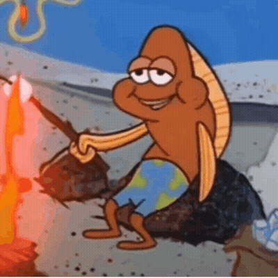 A Cartoon Character From Spongebob Squarepants Is Sitting On A Rock Near A Fire . GIF