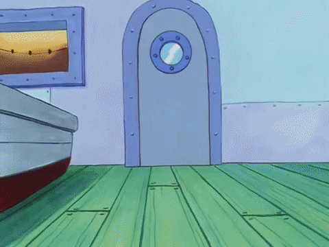 A Cartoon Character From Spongebob Squarepants Is Standing In A Doorway Holding A Crab Claw . GIF
