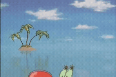 A Cartoon Character From Spongebob Squarepants Is Standing On A Beach Holding A Crab . GIF