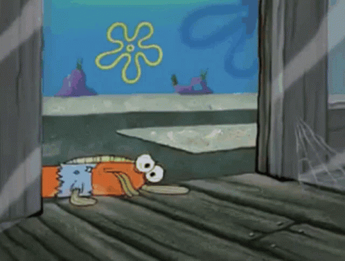 A Cartoon Character From Spongebob Squarepants Is Standing On A Wooden Floor Looking Out A Window . GIF