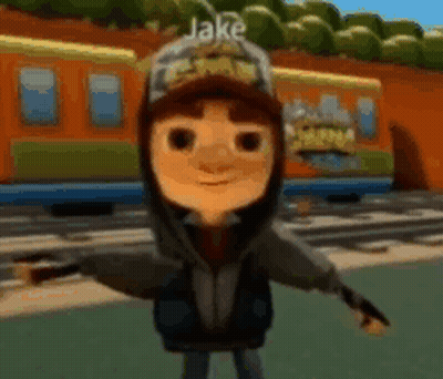 A Cartoon Character From Subway Surfers Is Standing In Front Of A Train . GIF