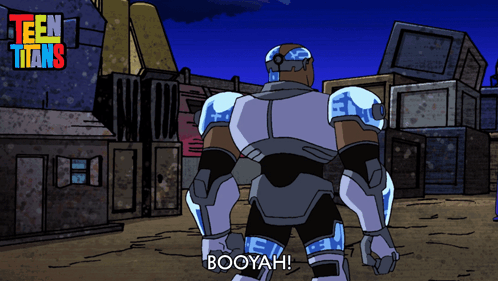 A Cartoon Character From Teen Titans Says Booyah In Front Of A Building GIF