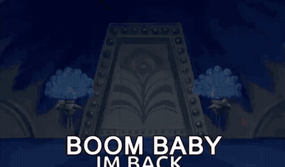 A Cartoon Character From The Emperor 'S New Groove Is Dancing In A Doorway With The Words Boom Baby Im Back . GIF