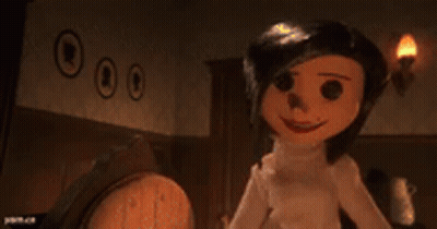 A Cartoon Character From The Movie Coraline Is Standing In A Room With A Clock . GIF