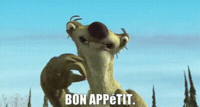 A Cartoon Character From The Movie Ice Age Is Making A Funny Face And Saying `` Bon Appetit '' . GIF