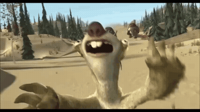 A Cartoon Character From The Movie Ice Age Is Waving His Hands In The Air . GIF