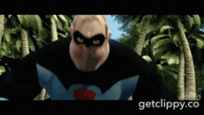 A Cartoon Character From The Movie Mr. Incredible Is Standing In Front Of Palm Trees .. GIF