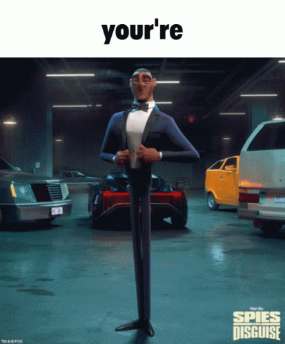 A Cartoon Character From The Movie Spies In Disguise Is Standing In Front Of Cars GIF