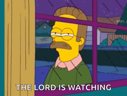 A Cartoon Character From The Simpsons Is Looking Out Of A Window And Says The Lord Is Watching GIF