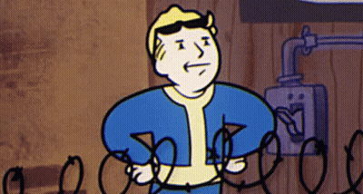A Cartoon Character From The Video Game Fallout Vault Boy Is Holding A String Of Wires . GIF