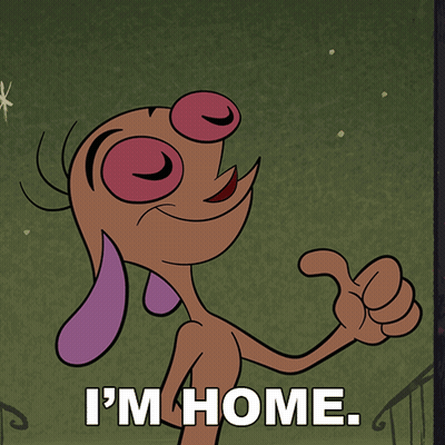 A Cartoon Character Giving A Thumbs Up With The Words I 'M Home GIF