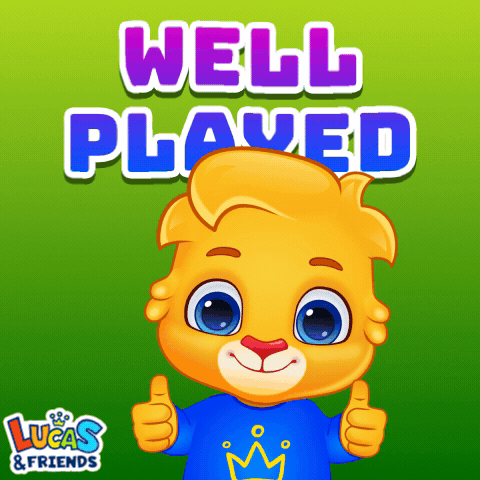 A Cartoon Character Giving A Thumbs Up With The Words " Well Played " Behind Him GIF