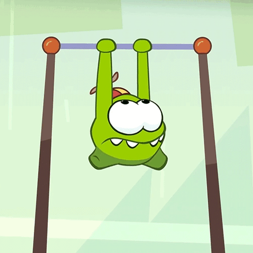 A Cartoon Character Hanging Upside Down On A Bar GIF