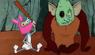 A Cartoon Character Holding A Bat Next To Another Character GIF
