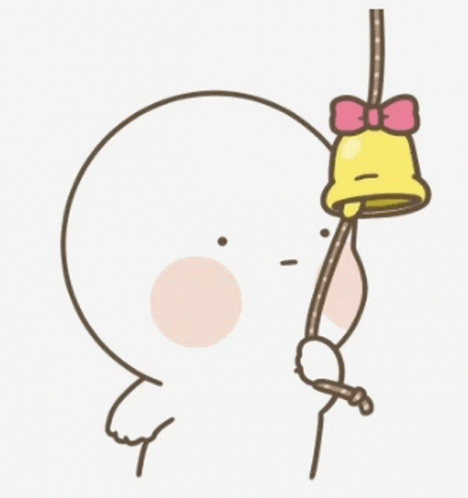 A Cartoon Character Holding A Bell With A Pink Bow GIF