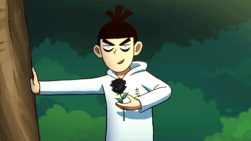 A Cartoon Character Holding A Black Rose With Chinese Writing On His Shirt GIF