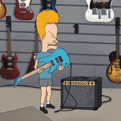 A Cartoon Character Holding A Blue Guitar In Front Of A Marshall Amp GIF