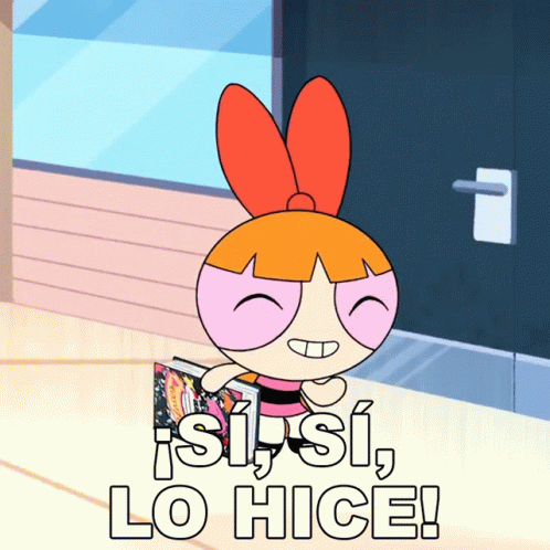 A Cartoon Character Holding A Book With The Words " Si Si Lo Hice " On The Bottom GIF