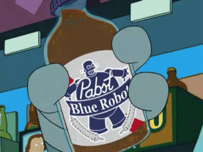 A Cartoon Character Holding A Bottle Of Pabst Blue Robo Beer GIF