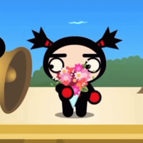 A Cartoon Character Holding A Bouquet Of Flowers In Front Of Her Face GIF