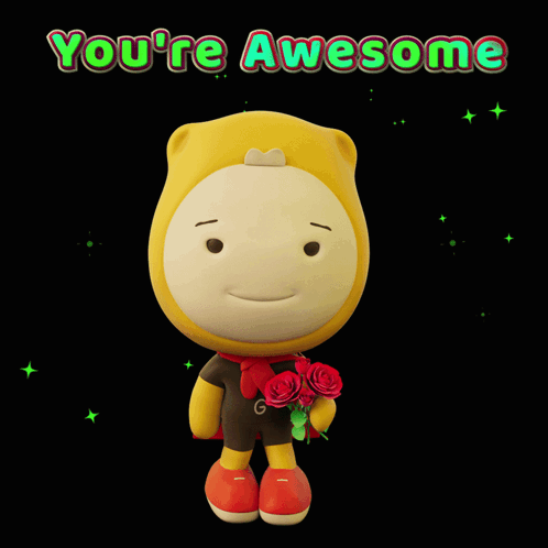 A Cartoon Character Holding A Bouquet Of Red Roses And Says You 'Re Awesome GIF