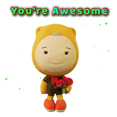 A Cartoon Character Holding A Bouquet Of Red Roses With The Words You 'Re Awesome Behind Him GIF